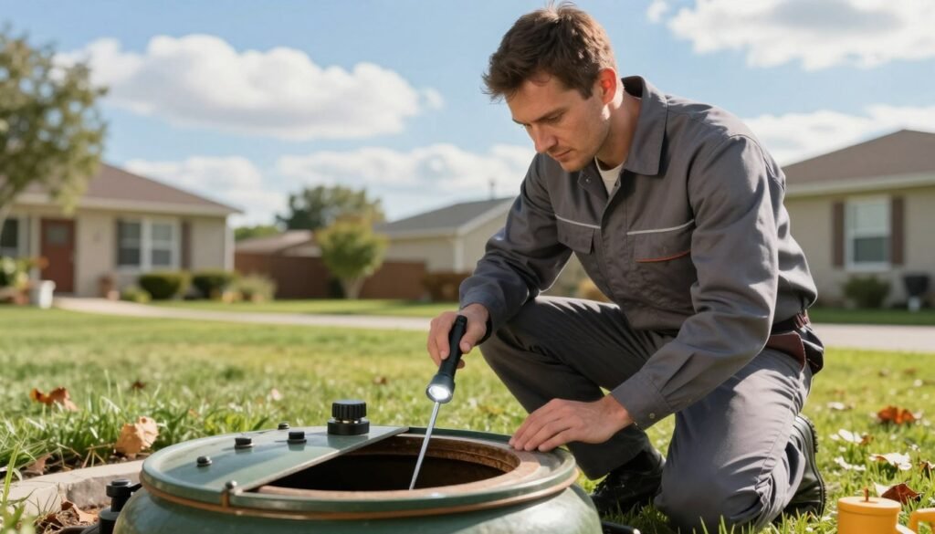 Septic technician assessing tank access before service estimate